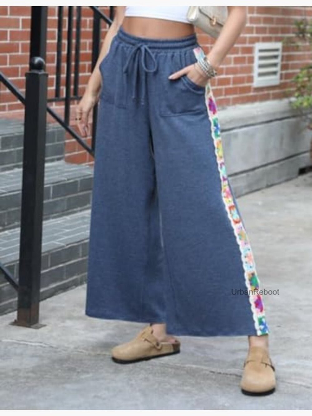 Wide Leg Stretch Sweatpants Crochet Panel Pocket Lounge Pants - Picture 3 of 7